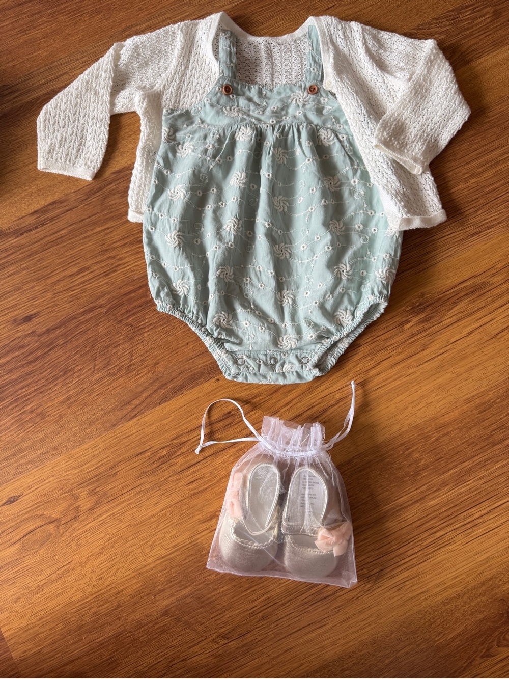 6-9 Baby Girls White Knit Cardigan and Sage Green Eyelet Romper Set with shoes